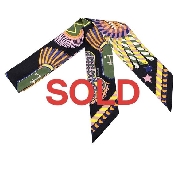 HERMES Twilly - Black Orange Multi Silk Scarf 269-051425 - Picture 1 of 4